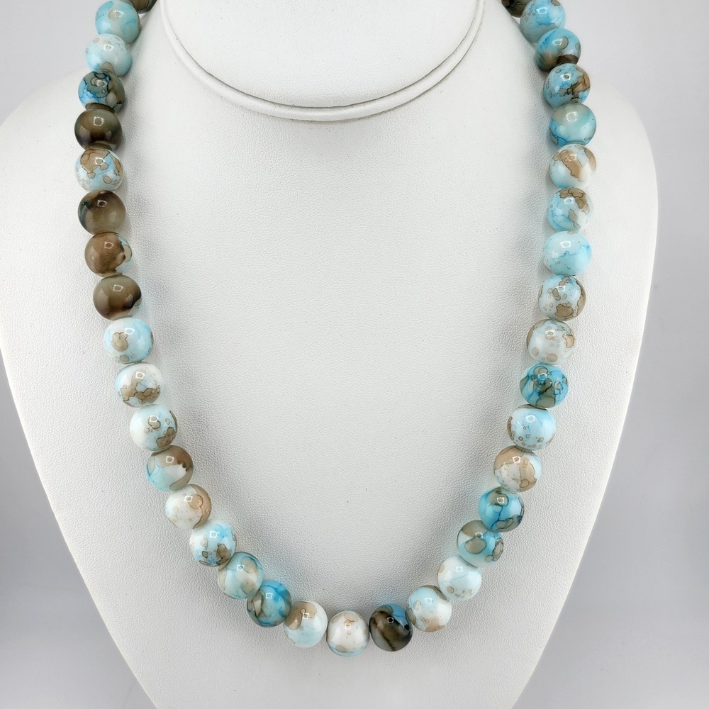 Teal‎ Blue And Brown Marbled Bead Necklace